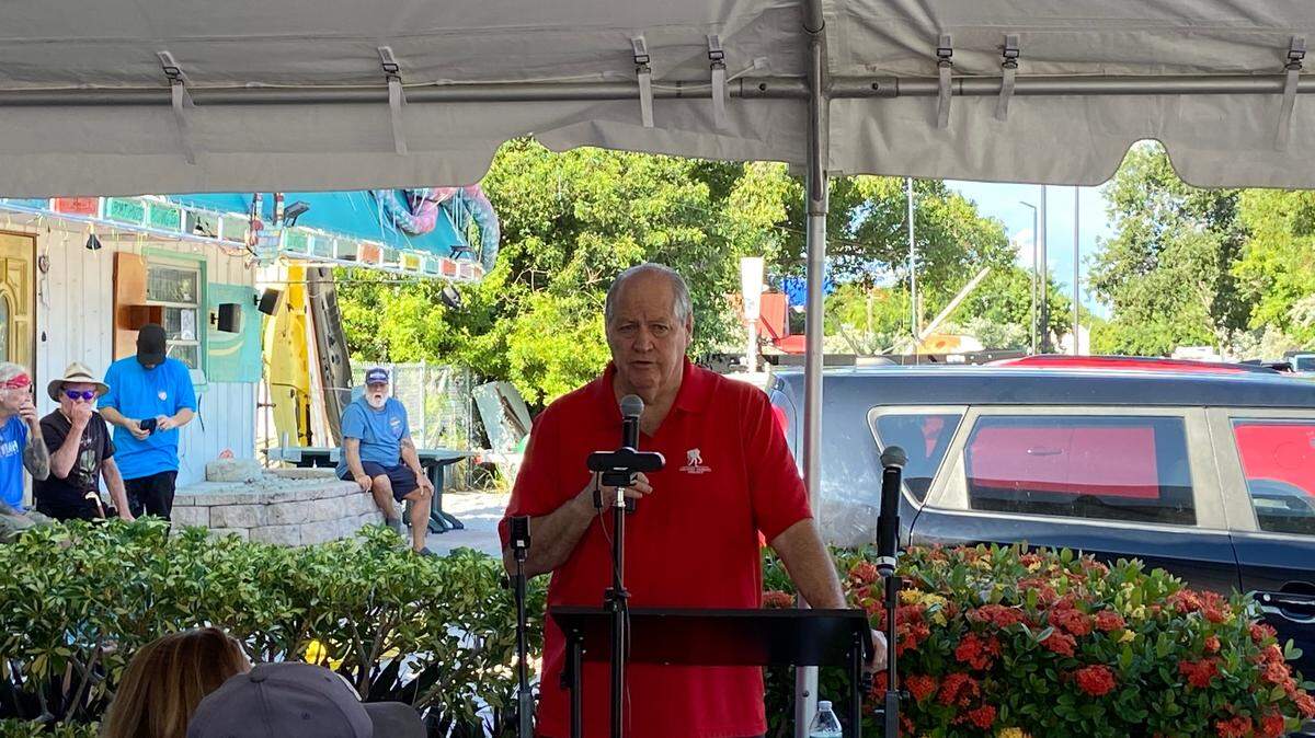Monroe County State Attorney Dennis Ward speaks during a rally outside a Key Largo Cuban restaurant Sunday, Oct. 8, 2023, against a proposal to merge state judicial circuits.
