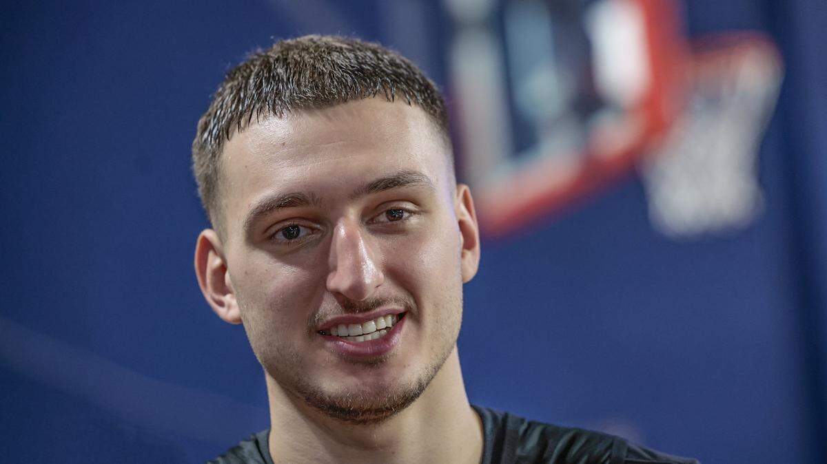 Miami Heat forward Nikola Jovic (5) speaks to reporters after training camp at Abessino Court at Eleanor R. Baldwin Arena at Florida Atlantic University in Boca Raton on October 2, 2025.
