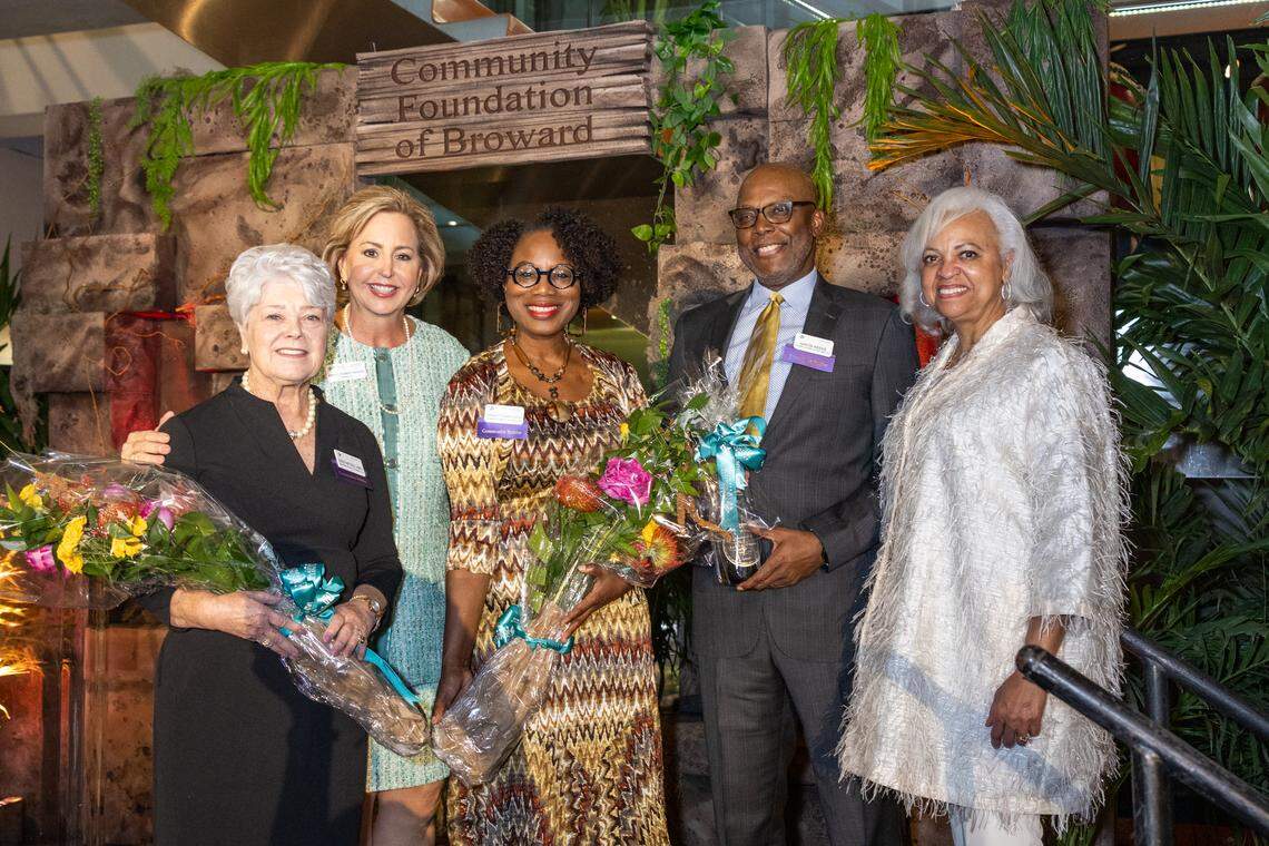 From left: Lesley Mitchell Jones, Jennifer O’Flannery Anderson, Burnadette Norris-Weeks, Aaron Weeks, Juliet Roulha at the Community Foundation of Broward’s 40th Anniversary celebration at the Museum of Discovery and Science in Fort Lauderdale last November.