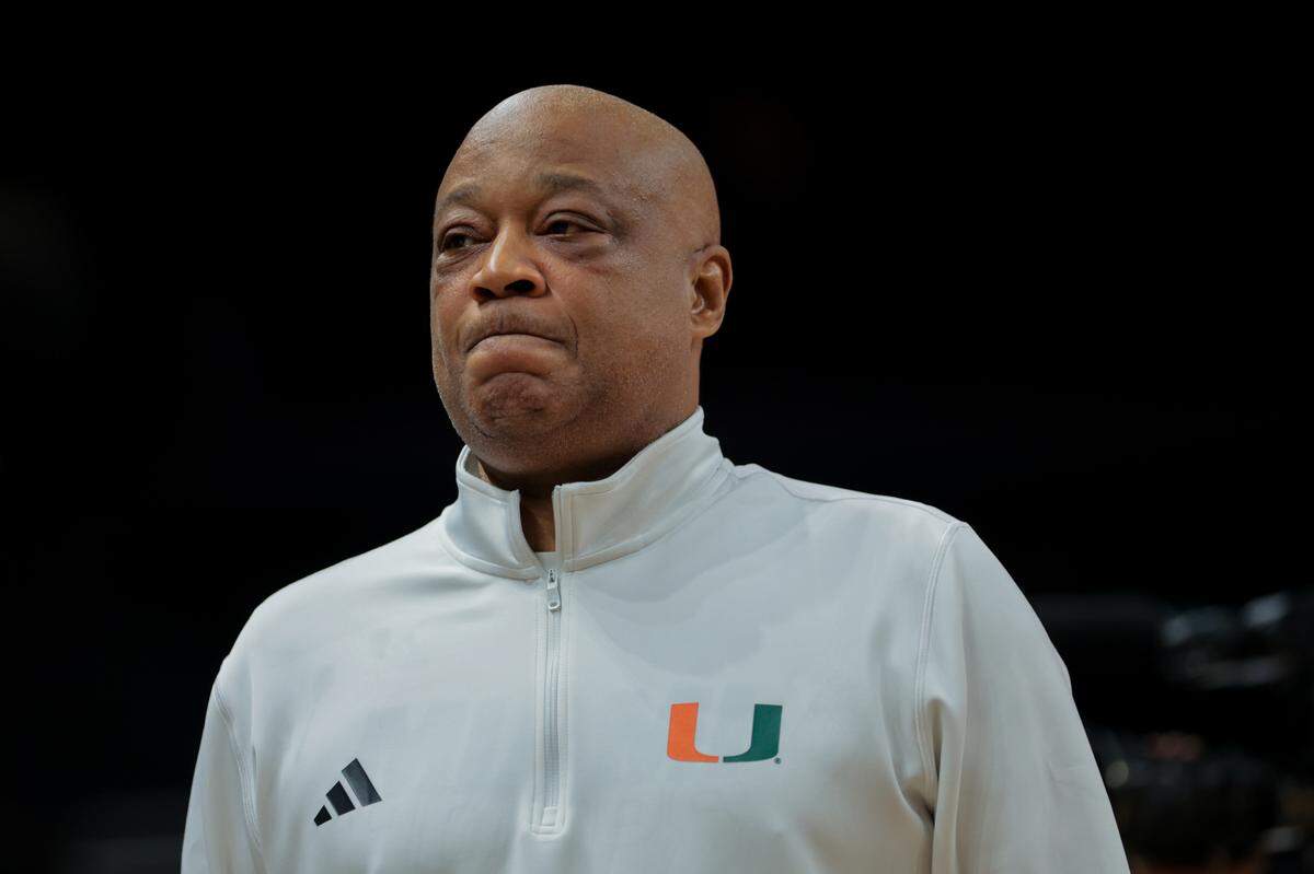 Jan 11, 2025; Coral Gables, Florida, USA; Miami Hurricanes interim head coach Bill Courtney looks on after the game against the Wake Forest Demon Deacons at Watsco Center. Mandatory Credit: Sam Navarro-Imagn Images