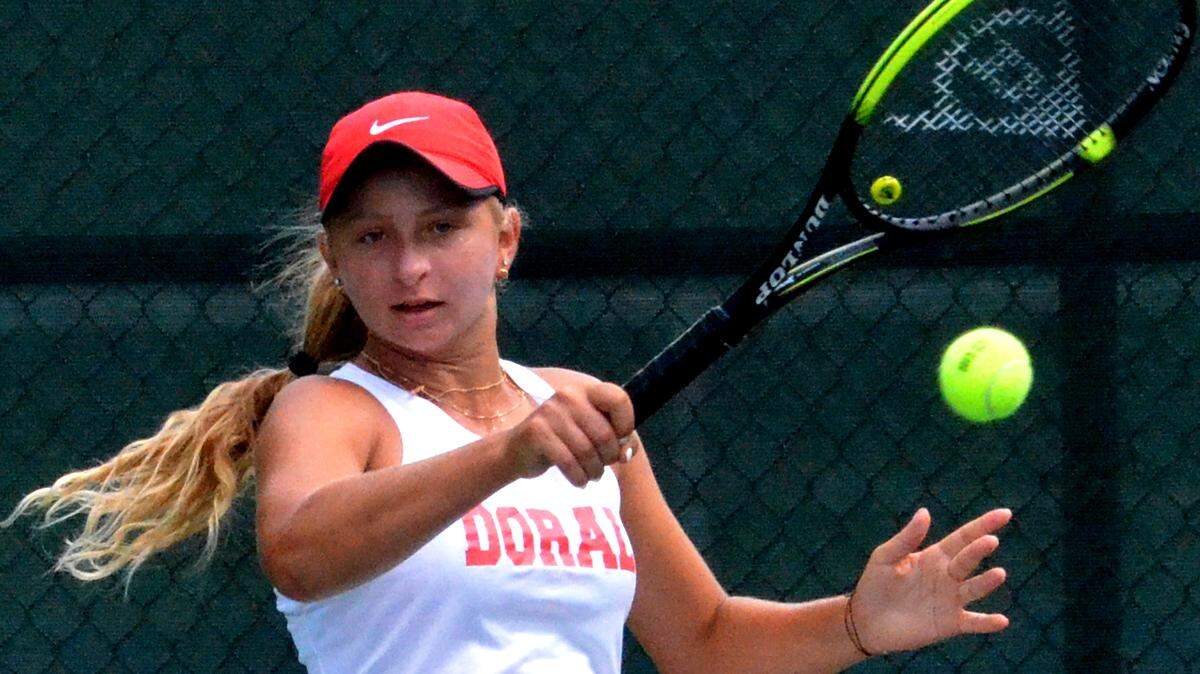 Doral Academy sophomore Valeria Ray fields a shot while winning the Class 3A Overall Girls’ Singles state championship at the FHSAA Finals on Wednesday (April 28, 2021) at Sanlando Park in Altamonte Springs.