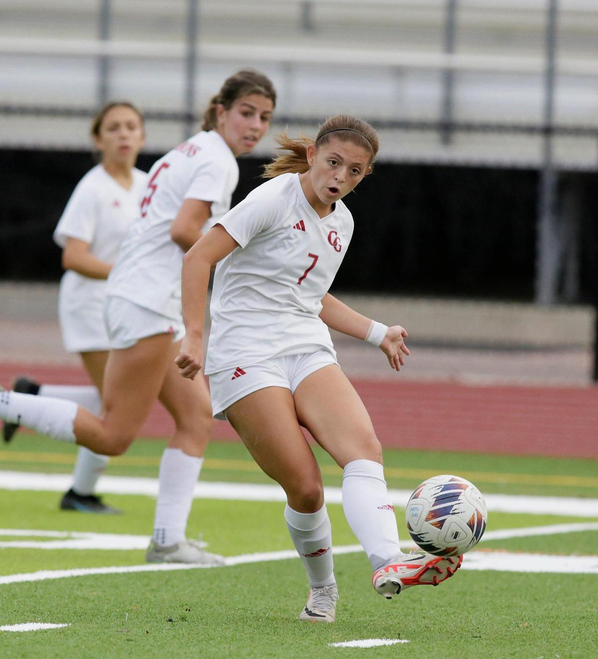 Cardinal Gibbons Juliana Torres (7) kicks the ball during Region 4-4A girls soccer semifinal game against North Broward Prep School on Friday, February 9, 2024 at North Broward Prep School in Coconut Creek. Andrew Uloza / for Miami Herald