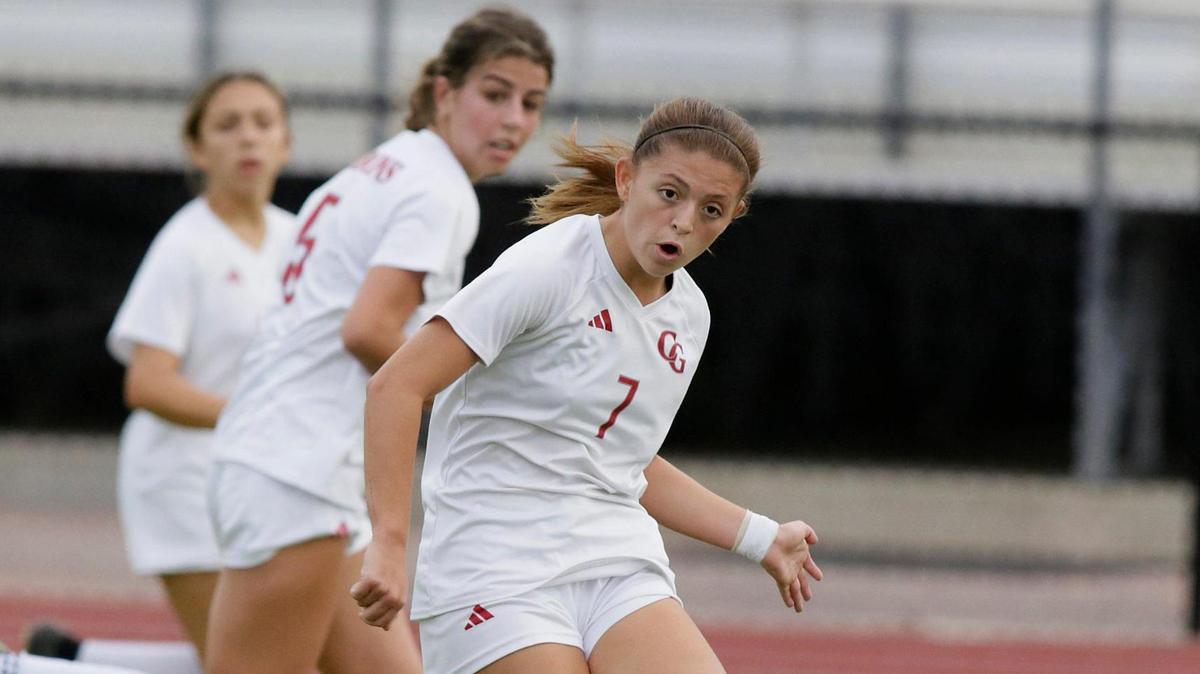 Cardinal Gibbons Juliana Torres (7) kicks the ball during Region 4-4A girls soccer semifinal game against North Broward Prep School on Friday, February 9, 2024 at North Broward Prep School in Coconut Creek.