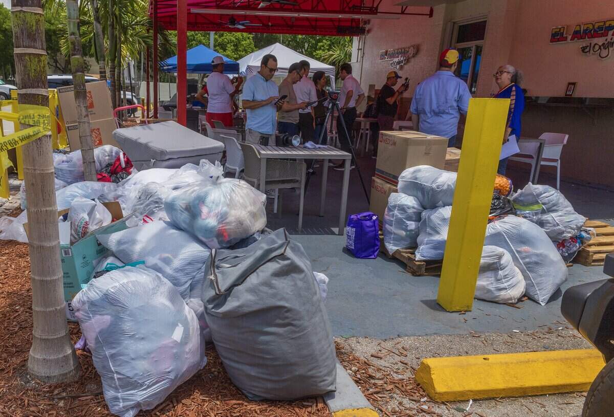 View of donations as activists called a press conference to talk about the situation in in Venezuela after the earthquake, during press conference at el Arepazo in Doral, Florida on Tuesday, July 01, 2026.