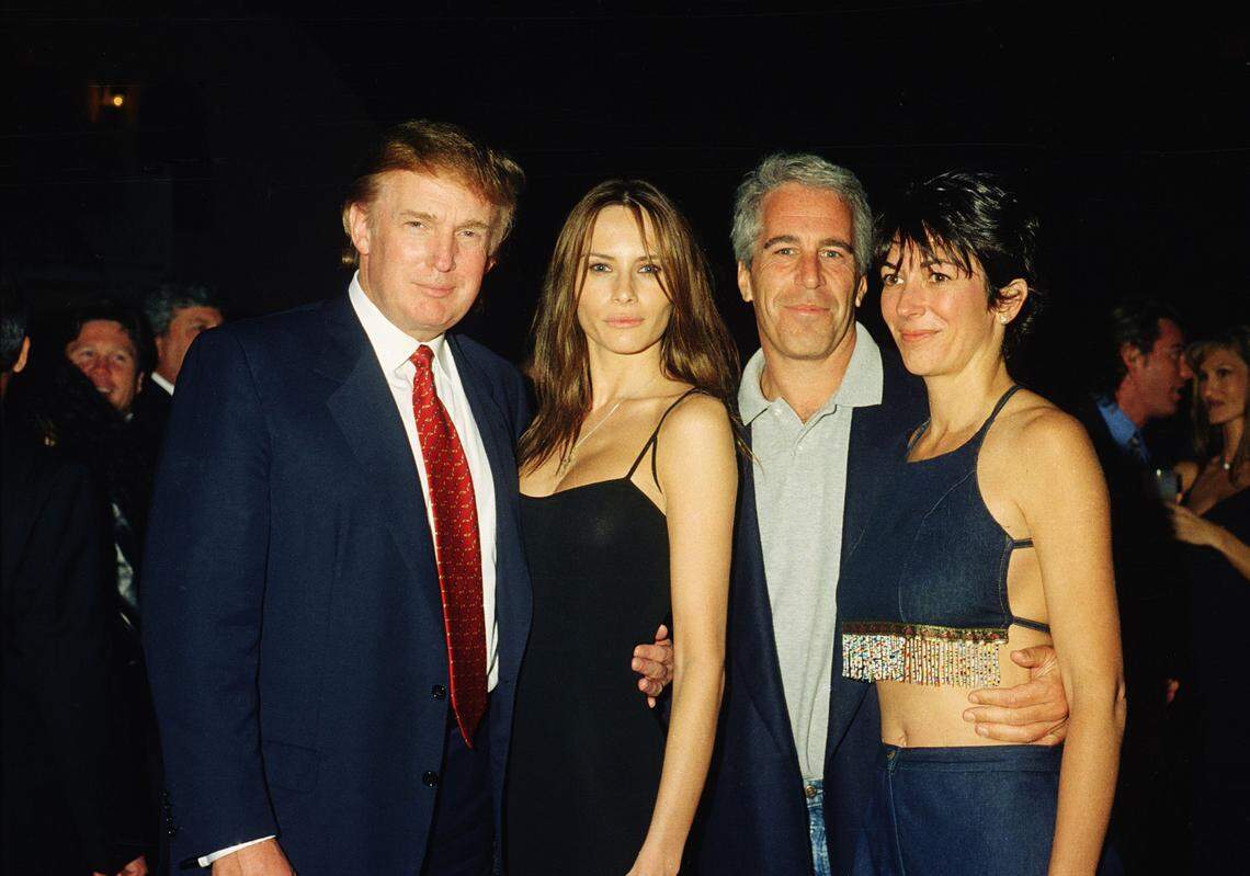Jeffrey Epstein, left, stands with Donald Trump; Melania Knauss, Trump’s then-girlfriend; and Ghislaine Maxwell at an event in 2000. The House Oversight Committee released emails Wednesday that for the first time publicly link President Trump to a victim of Epstein’s trafficking network.