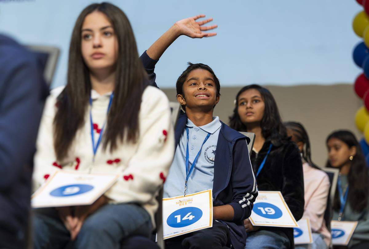 Huzaifa Goolsarran, an eighth grader at Nur Ul Islam Academy, reacts as he competes in the 86th Miami Herald Spelling Bee for Broward County at the Charles F. Dodge City Center on Wednesday, Feb. 25, 2026, in Pembroke Pines, Fla.