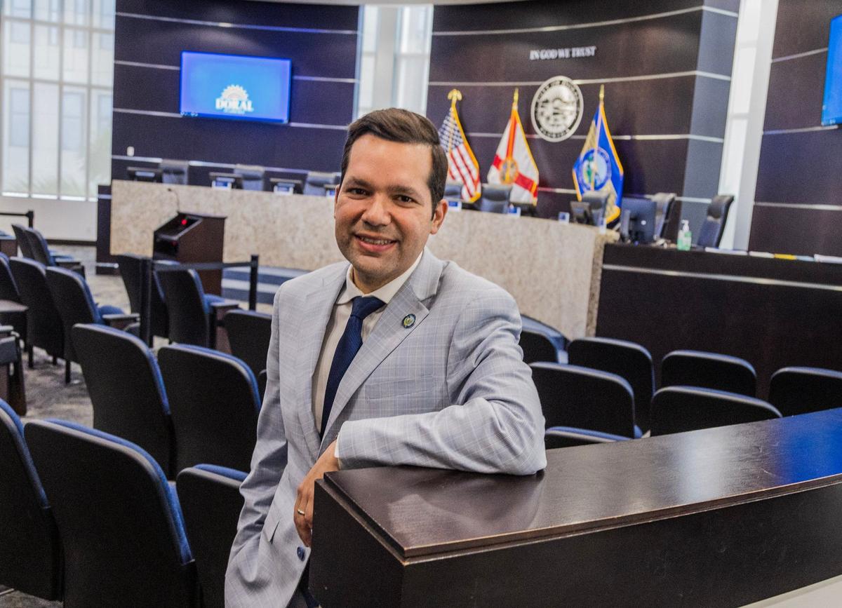 Councilman Rafael Pineyro is seeking reelection after two years of political turmoil within the council after being one of the three council votes that supported the revocation of lifetime pensions for former elected officials. Pineyro posed in the chambers in Doral on Wednesday, Sept. 11, 2024.