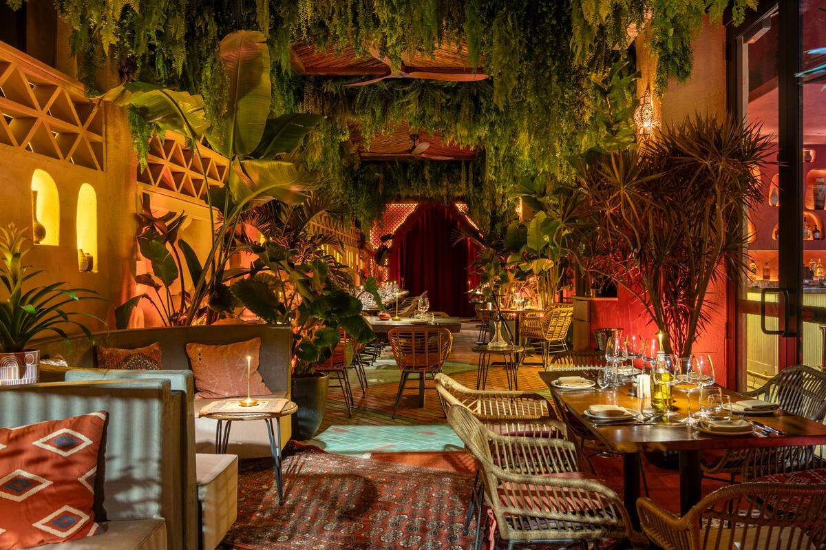 The lush outdoor garden dining area at Zuri Moroccan restaurant.