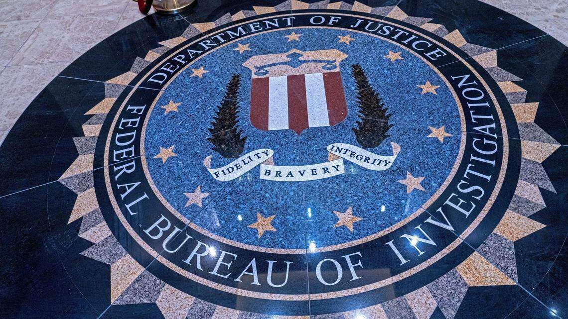 The U.S. Department of Justice, Federal Bureau of Investigation logo is displayed on the lobby floor of the FBI offices in Indianapolis.