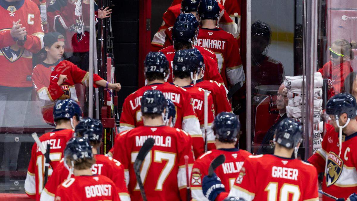 The Florida Panthers leave the rink after losing 7 to 4 against Colorado Avalanche in their NHL game at Amerant Bank Arena on Saturday, Nov. 23, 2024, in Sunrise, Fla.
