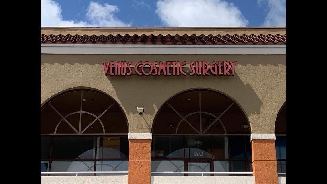 The sign outside Venus Cosmetic Institute, on the second floor of the Doral strip mall at 7902 NW 36th St.