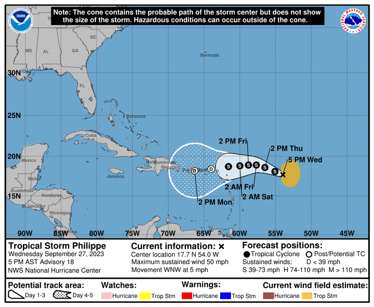 Tropical Storm Philippe’s projected map, 5 p.m., Wednesday, Sept. 27.