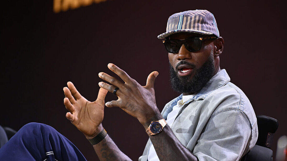LeBron James speaks onstage during The Shop Live panel at Fanatics Fest NYC 2026 at Jacob Javits Center on July 17, 2026 in New York City.