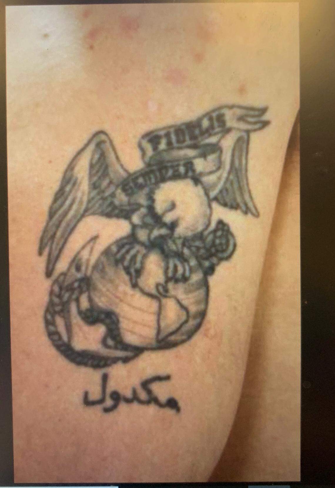 The tattoo on Patrick McDowell’s right arm.