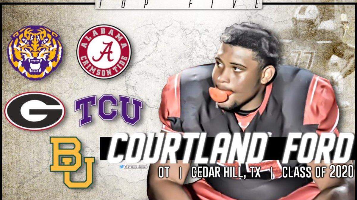 Cedar Hill, Texas native Courtland Ford, a 4-star junior offensive tackle, named his top five college football suitors. The list includes three SEC programs (LSU, Alabama and Georgia) and two from Texas (Baylor and TCU).