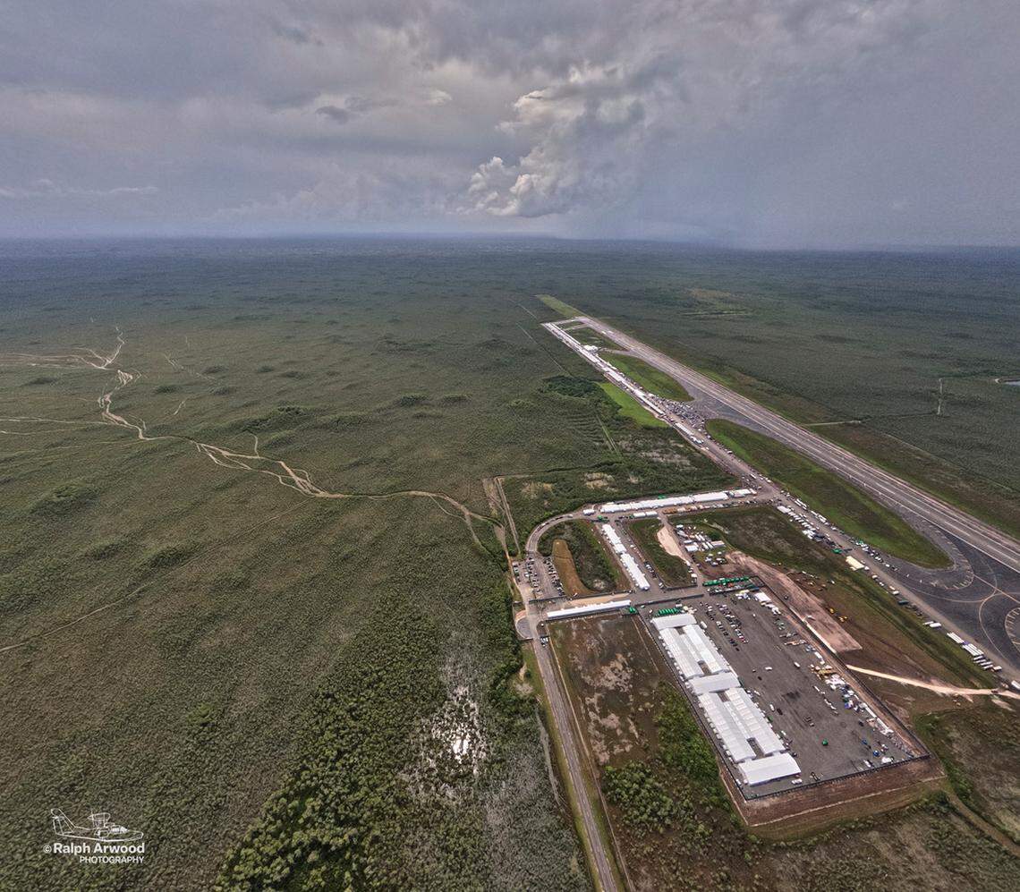This July 5, 2025 aerial photo of the Dade-Collier Training and Transition Airport was submitted to federal court by the Friends of the Everglades and the Center for Biological Diversity, which are suing to stop Florida’s use of the Miami-Dade property in the Everglades as a detention camp for immigration violators. The photo shows the temporary detention facilities constructed by the airport’s runway.