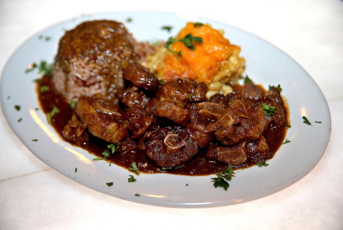 Oxtail with rice and beans and macaroni cheese from Lorna’s Caribbean and American Grille Restaurant in Miami Gardens.