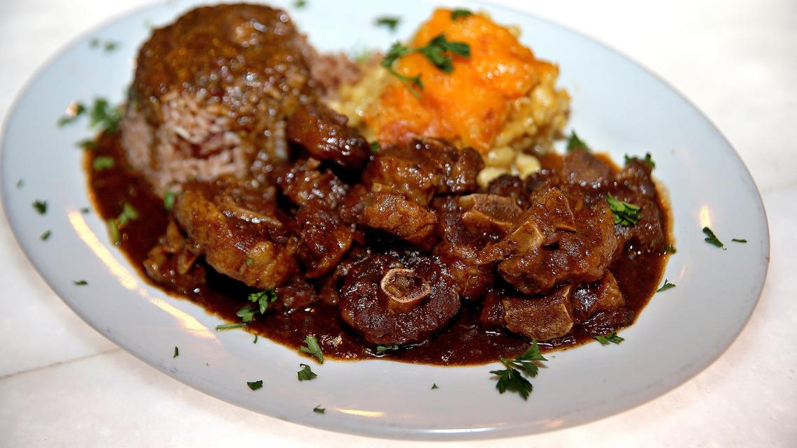 Oxtail with rice and beans and macaroni cheese from Lorna’s Caribbean and American Grille Restaurant in Miami Gardens.