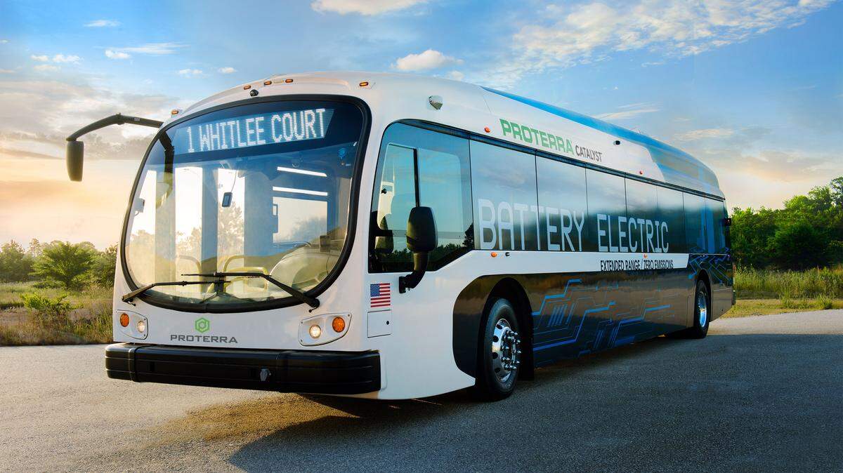 A promotional image of an electric bus sold by Proterra, a firm in talks with Miami-Dade County to sell it dozens of the battery-powered vehicles. The contract is the subject of an escalating fight with a competitor.