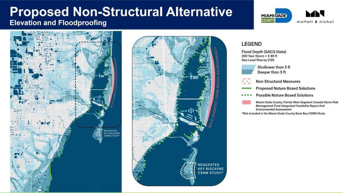 This illustration shows elevated homes, floodproofed government buildings like fire stations and hospitals and nature-based protections Miami-Dade is hoping the Army Corps of Engineers will fund to protect the county’s shoreline from stronger storms and rising seas.
