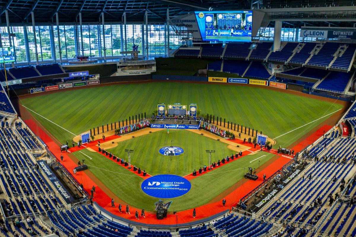 Miami Dade College students attend their graduation ceremony inside loanDepot park in Miami, Florida on Saturday, May 1, 2021.