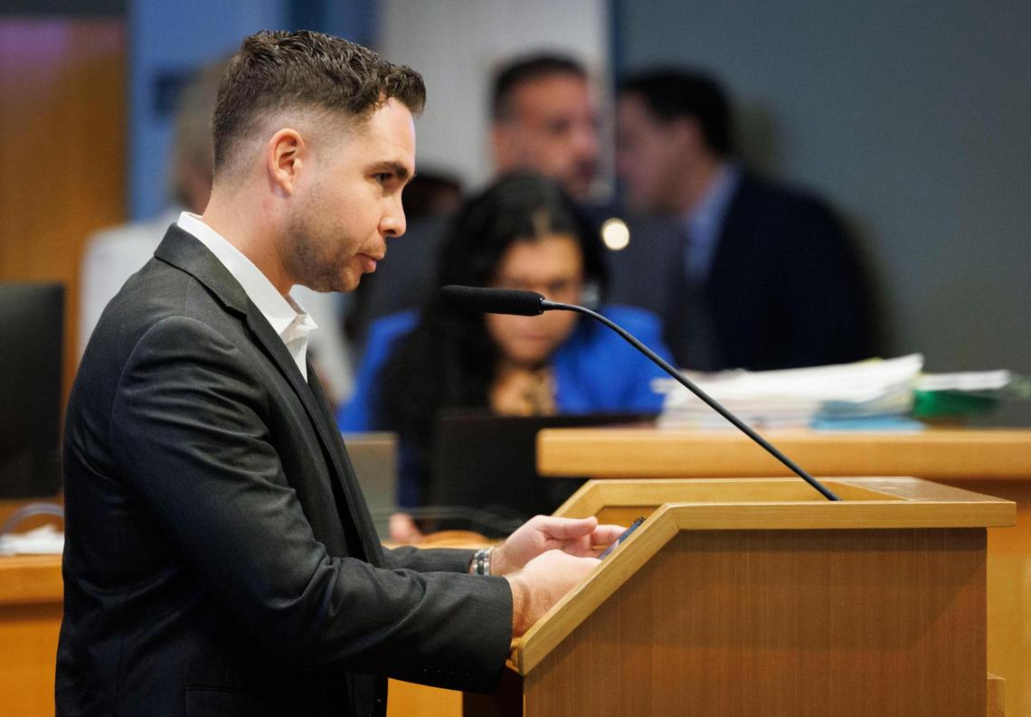 Damian Jane speaks against legislation that cancels the November 2025 election and moves it to 2026, during a Miami City Commission meeting on Thursday, June 26, 2025, at Miami City Hall in Coconut Grove. “I would want the voters to decide,” said Jane.