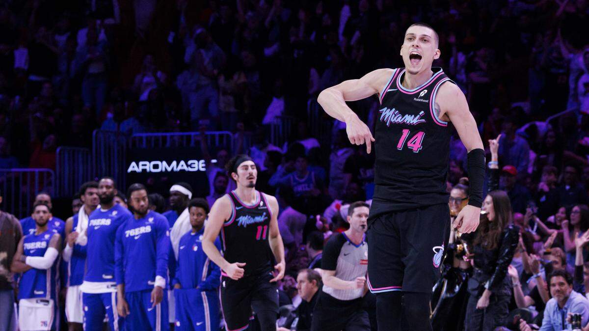 Miami Heat guard Tyler Herro (14) reacts during the second half of a game against the Philadelphia 76ers on March 30, 2026, at Kaseya Center in Miami.