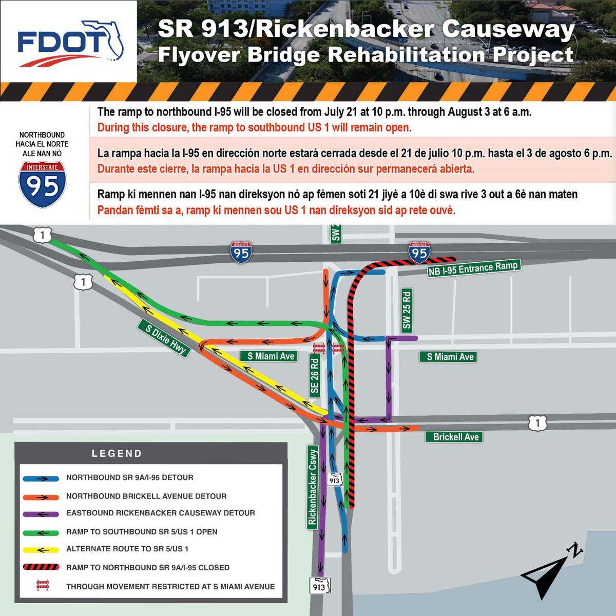 Map of the detours and alternate routes during the Rickenbacker Causeway northbound ramp closure, July 2024.