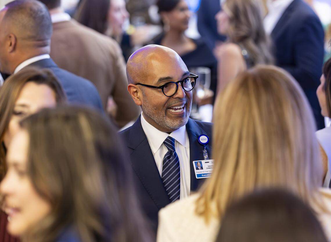 David Zambrana, incoming Jackson Health System chief executive officer, talks with guests during a preview event of a new emergency room at Jackson Memorial Hospital on Thursday, April 16, 2026, in Miami, Fla.