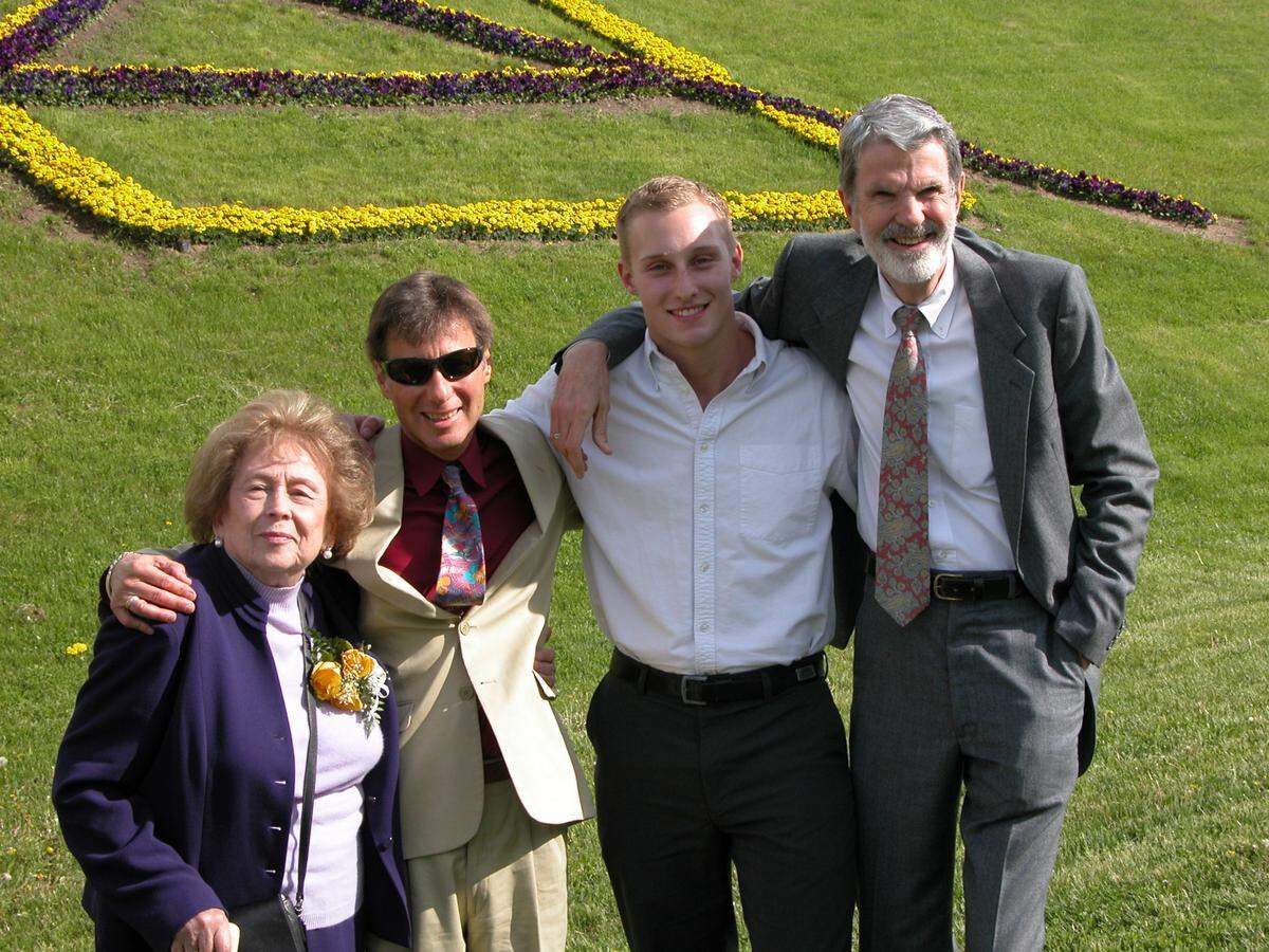 In this Aug. 5, 2003 file photo Peter Freiberg (left), with his mother, and Joe Tom Easley (far right) with their godson Kevin Rooney, at his college graduate in May. Freiberg and Easley, who lived in Miami Beach were going to Canada to get married that month.