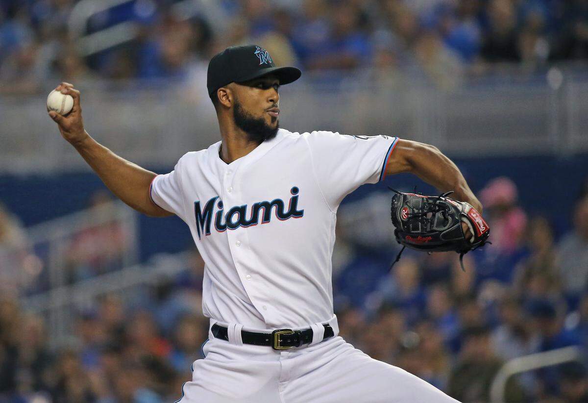 Miami Marlins pitcher Sandy Alcantara (22) pitches during the third inning of Major League Baseball game against the Chicago Cubs at Marlins Park in Miami, Wednesday, April 17, 2019.