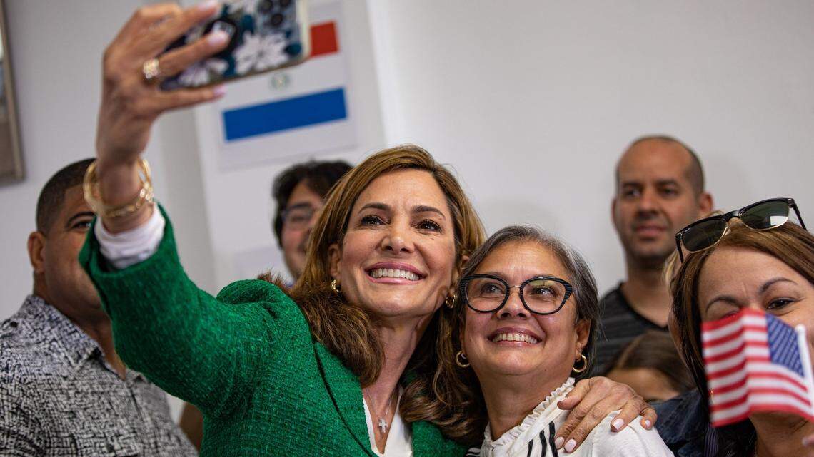 U.S. Rep. Maria Elvira Salazar, left, takes a selfie with Nerelys Caballero at the RNC Hispanic Community Center in Doral, Florida in 2022.