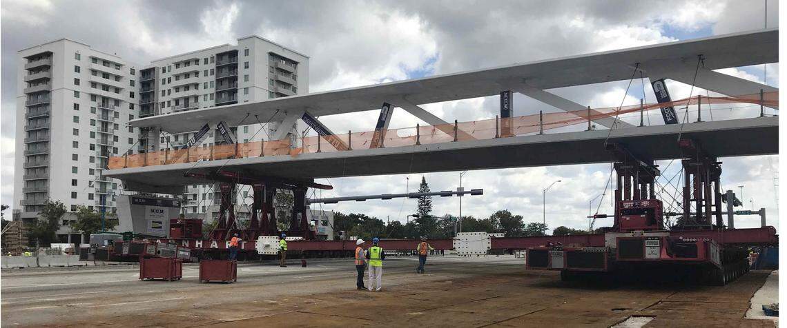 Photograph showing SPMT transport of the bridge.