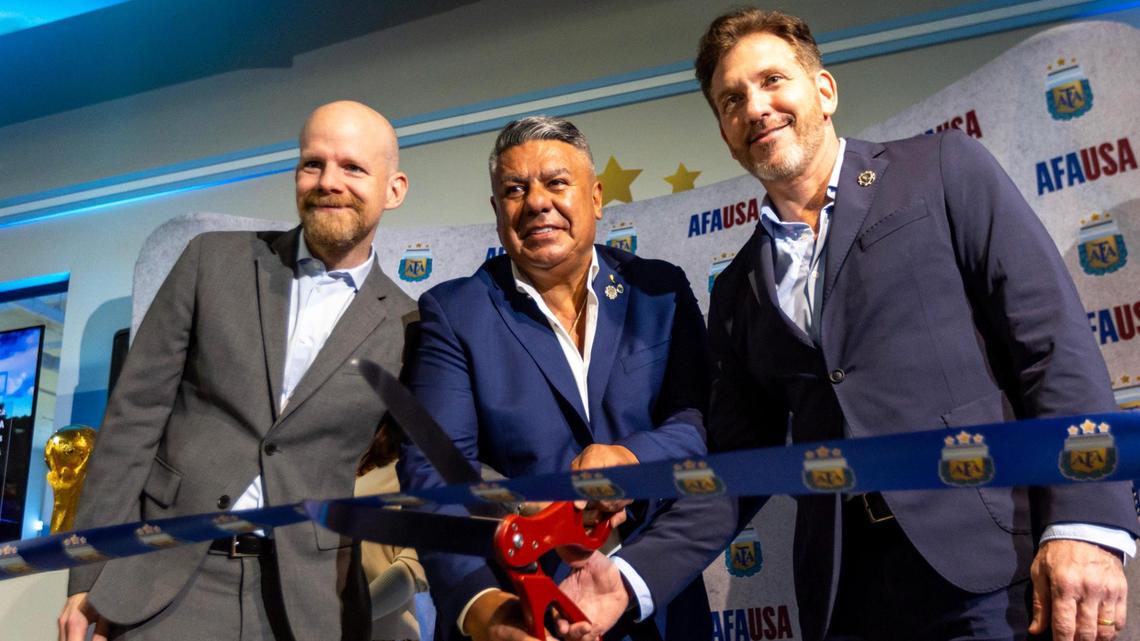 AFA President Claudio “Chiqui” Tapia, center, Conmebol President Alejandro Dominguez, right, and FIFA Secretary General Mattias Grafstrom, left, cut the ceremonial ribbon to officially open the new AFA offices in the Wynwood neighborhood of Miami, Florida, on Thursday, December 7, 2023. Then move comes in preparation for 2024 Copa America and 2026 World Cup, both in USA, and also establishing a high performance training site in Hialeah, Florida.