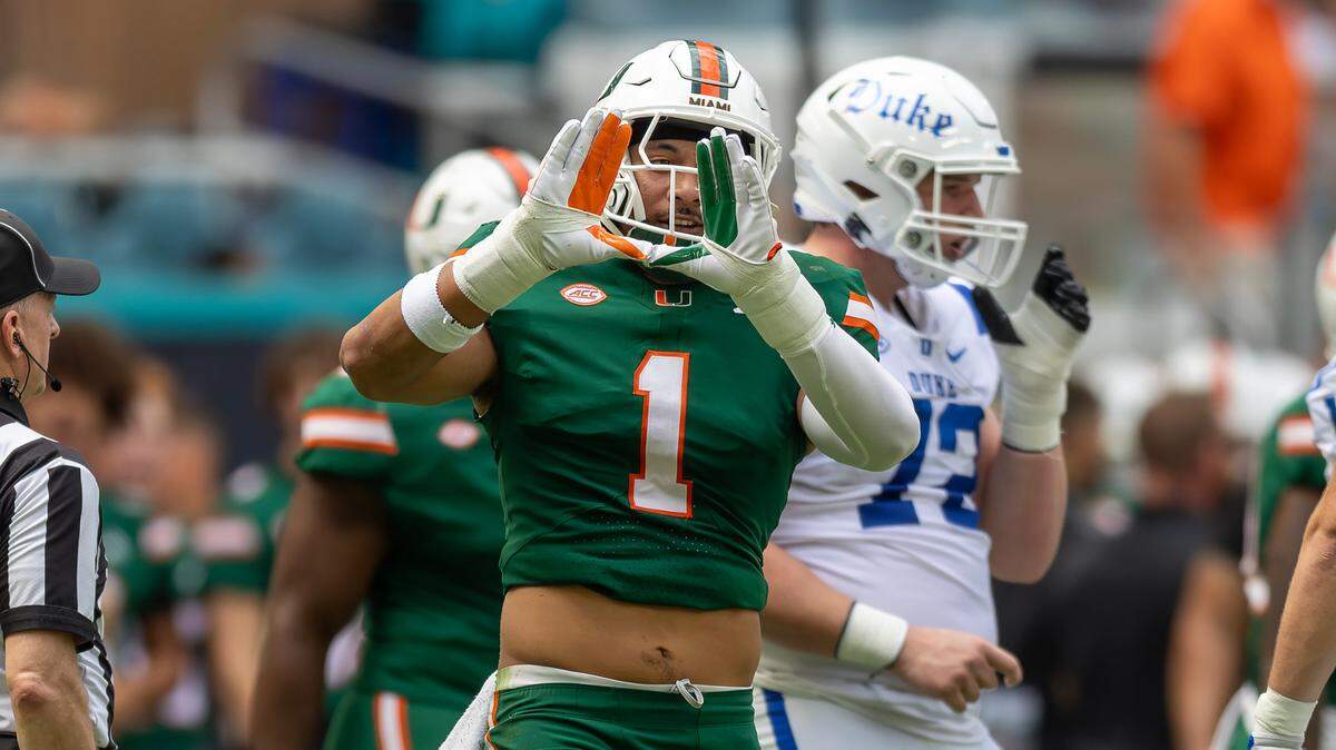 Miami Hurricanes linebacker Francisco Mauigoa (1) reacts after a play during the first half of an ACC football game against the Duke Blue Devils at Hard Rock Stadium on Saturday, Nov. 2, 2024, in Miami Gardens, Fla.