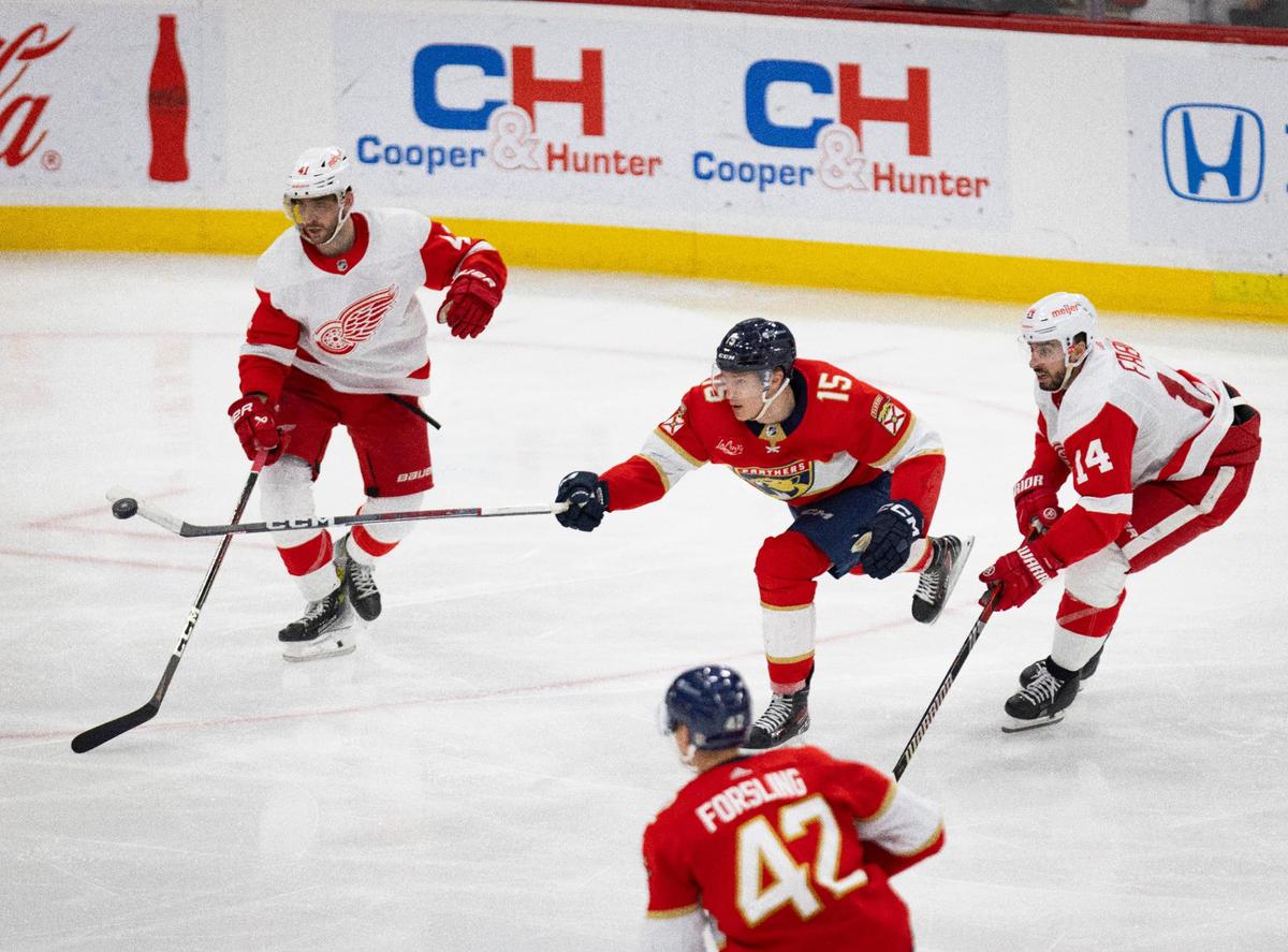 Florida Panthers center Anton Lundell (15) hits the puck around Detroit Red Wings defenseman Shayne Gostisbehere (41) and center Robby Fabbri (14) during the third period of a hockey game on Wednesday, Jan. 17, 2024, at Amerant Bank Arena in Sunrise, Fla.