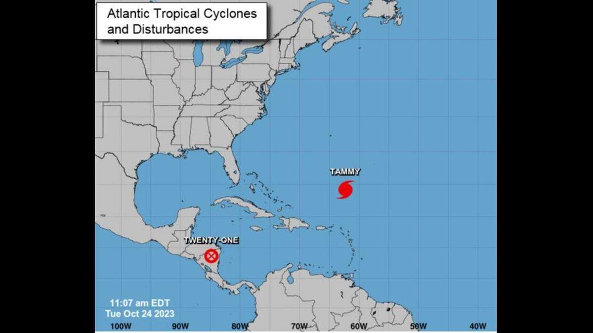 The 11 a.m. Oct. 24 map showing Hurricane Tammy and the dissipating Tropical Depression 21.