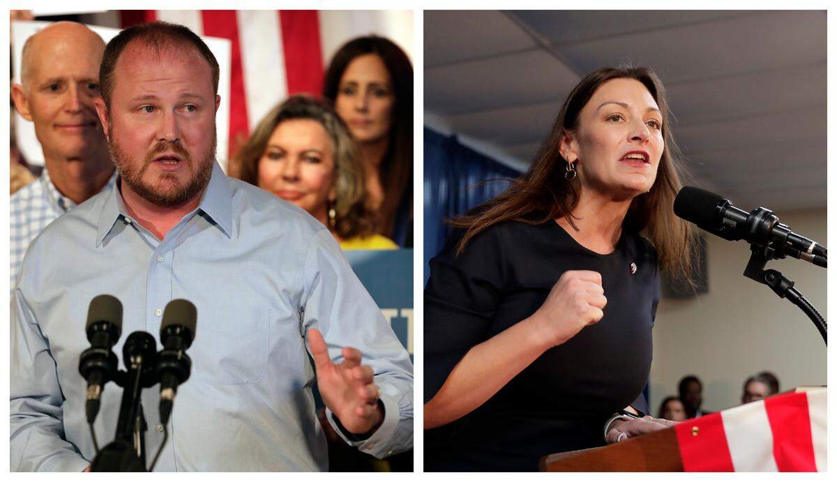 Candidates for agriculture commissioner Rep. Matt Caldwell and Nicole “Nikki” Fried campaign in Orlando in September and August, respectively.