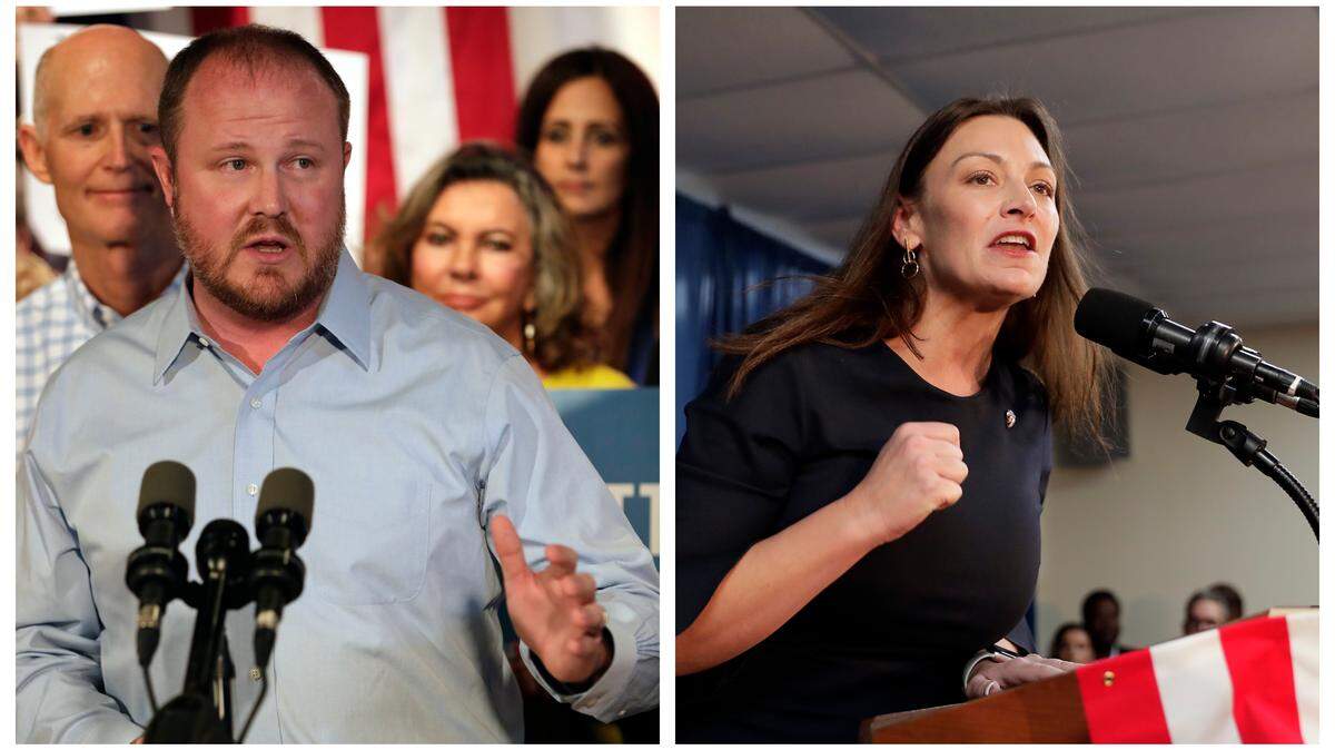 Candidates for agriculture commissioner Rep. Matt Caldwell and Nicole “Nikki” Fried campaign in Orlando in September and August, respectively.