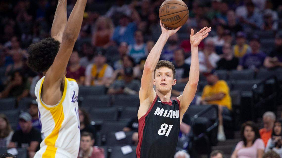 Miami Heat forward Drew Peterson shoots a jump shot in the first half of the California Classic on Monday, July 3, 2023, at Golden 1 Center.