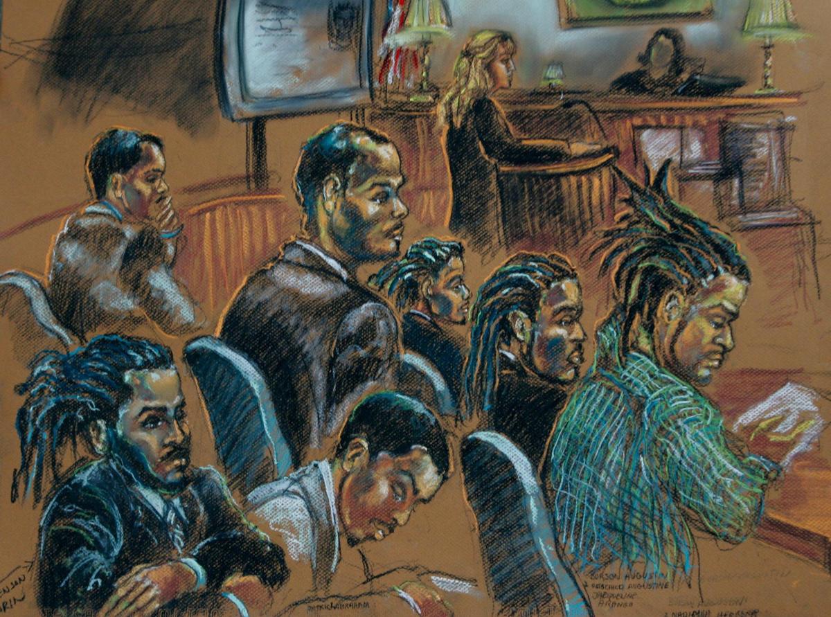 In a 2007 courtroom artist drawing, U.S. Attorney Jacqueline Arango, center, makes her closing arguments before Judge Joan Lenard during the Liberty City 7 trial in Miami . A new documentary argues the case was an example of law enforcement overreach in the wake of 9/11.