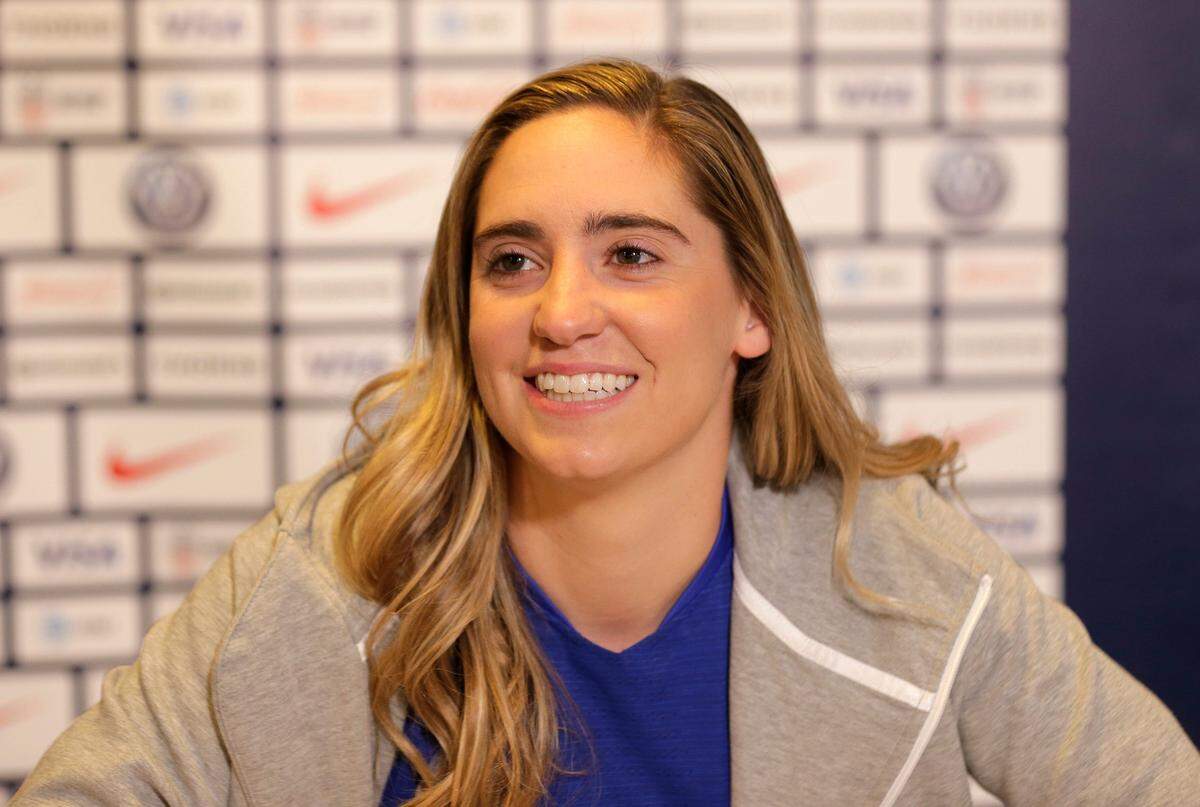 Morgan Brian, a member of the United States women’s national soccer team, speaks to reporters during a media day in New York, Friday, May 24, 2019.