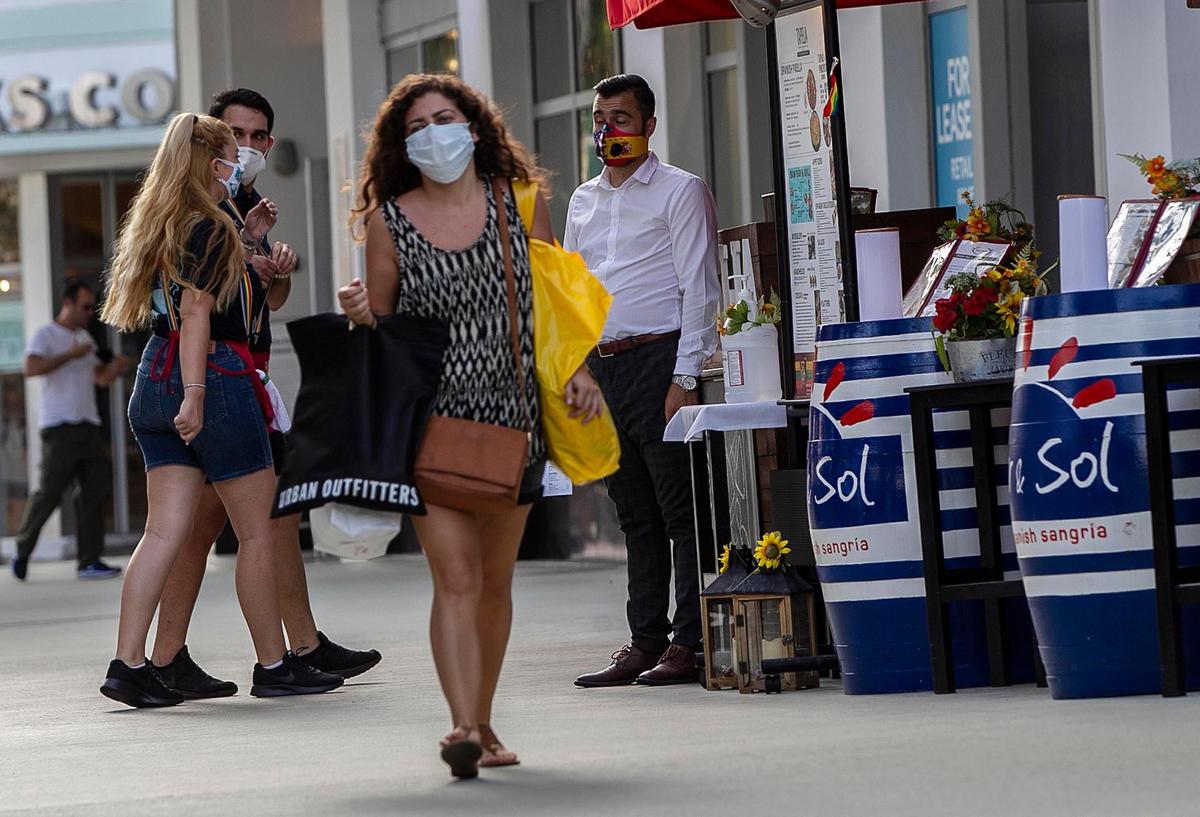 People walking on Lincoln Road wear facial masks while others don’t as the City of Miami Beach ordered the use of facial covering at open parks/green spaces and/or beach walks/bay walks unless social distancing can be achieved The city order come as the number of COVID-19 cases across the city and state continues to grow. on Friday, June 26, 2020.