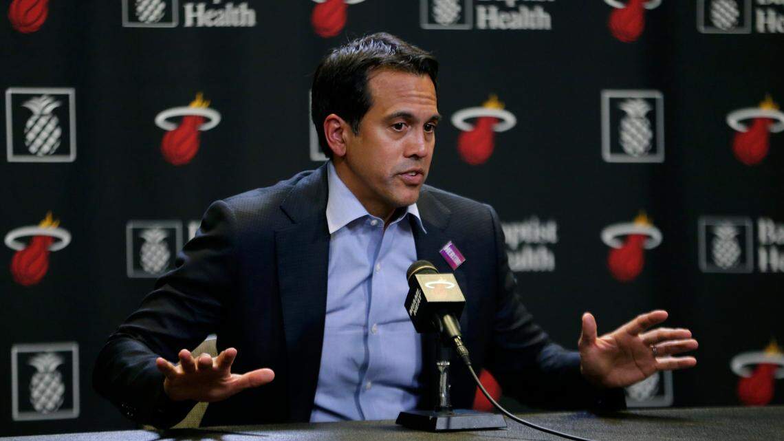Heat head coach Erik Spoelstra talks to the media after their 109-98 loss against the Hornets during an NBA game at AmericanAirlines Arena on March 11, 2020. The NBA suspended the season after that game due to the coronavirus.