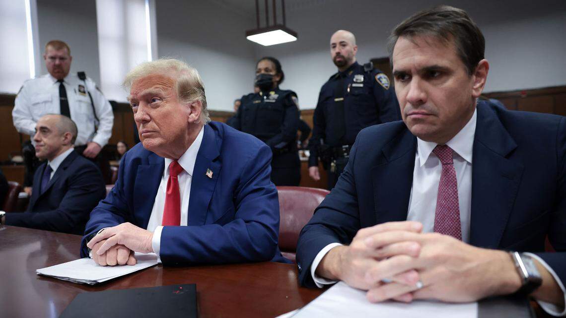 Former President Donald Trump and his attorney, Todd Blanche, right, sit in a Manhattan courtroom during Trump’s criminal hush money trial on Friday, May, 6, 2024.