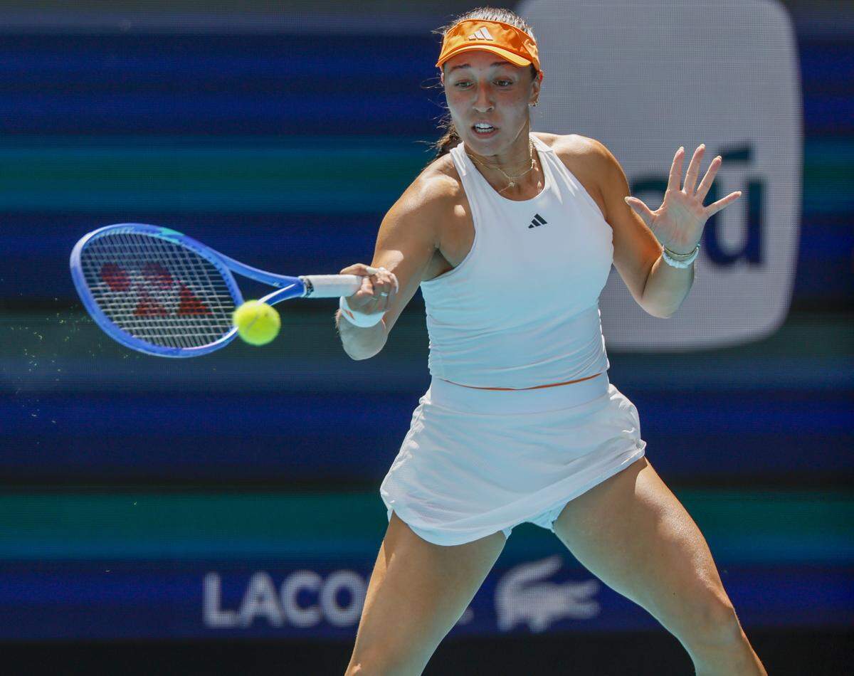 USA's Jessica Pegula strikes the ball to Francesca Jones of Great Britain during their tennis match in the Stadium during the Miami Open at Hard Rock Stadium in Miami Gardens, Florida on Saturday, March 21, 2026. 