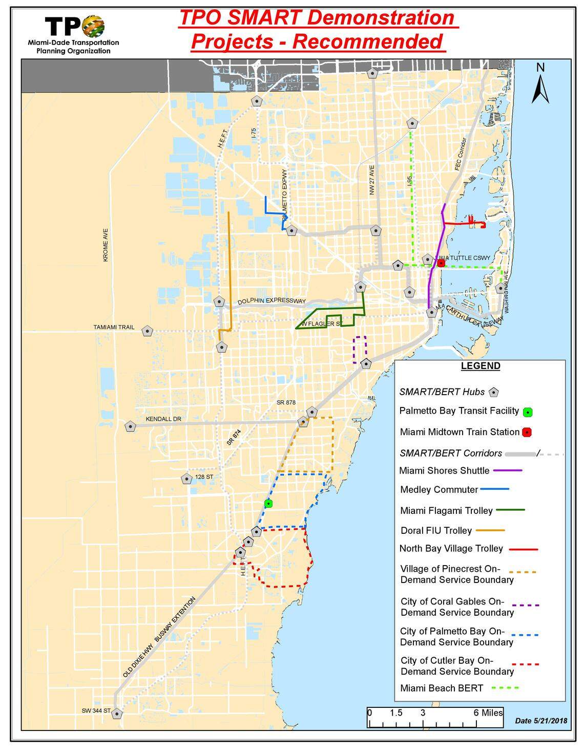 A map of the pilot public transportation projects recommended by the Miami-Dade Transportation Planning Organization.