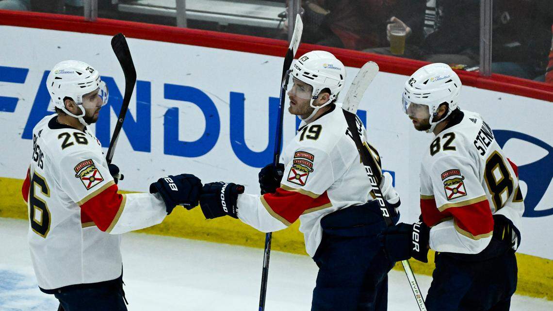 Nov 4, 2023; Chicago, Illinois, USA; Florida Panthers left wing Matthew Tkachuk (19) celebrates his goal against the Chicago Blackhawks with Florida Panthers defenseman Uvis Balinskis (26) and Florida Panthers center Kevin Stenlund (82) during the third period at the United Center. Mandatory Credit: Matt Marton-USA TODAY Sports