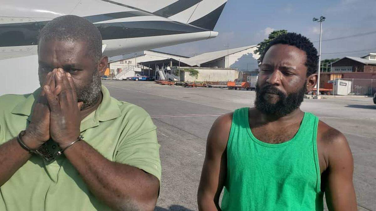 Lissner Mathieu, 55, (left) a naturalized U.S. citizen who goes by the nickname “Ti-Nwa,” was flown out of Port-au-Prince Friday, March 5, 2021 by U.S. federal agents with the Federal Bureau of Investigation and Drug Enforcement Administration onboard a U.S. aircraft. He was joined by Peterson “Ti Peter Vilaj” Benjamin (right), a Haitian national and suspected gang leader. Both men were arrested earlier in the week by Haiti National Police and transferred.