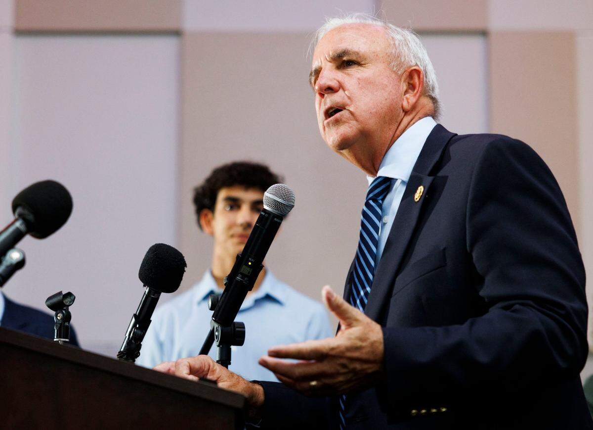Congressman Carlos Giménez, who appears to have won his race, speaks in support of Republican candidate for Miami-Dade Sheriff Rosie Cordero-Stutz before her victory speech on Tuesday, Nov. 5, 2024, at EB Hotel in Miami. 